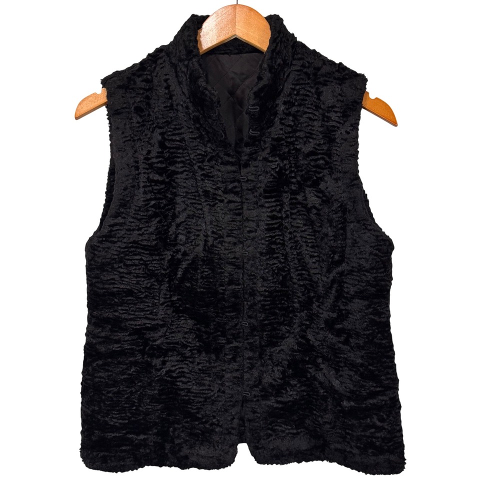Lauren Ralph Lauren Vest Women M Black Faux Persian Lamb Fur Reversible Quilted